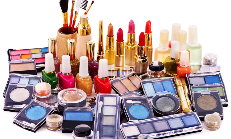 Showroom of a private label cosmetics manufacturer displaying custom makeup palettes, lipsticks, and skincare products for OEM ODM orders.